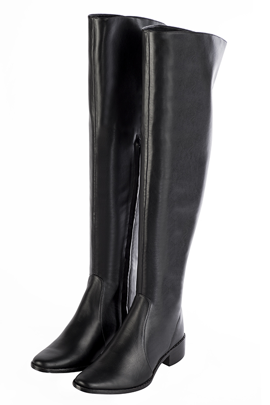 Satin black women's stretch thigh-high boots. Round toe. Low leather soles. Made to measure. Front view - Florence KOOIJMAN